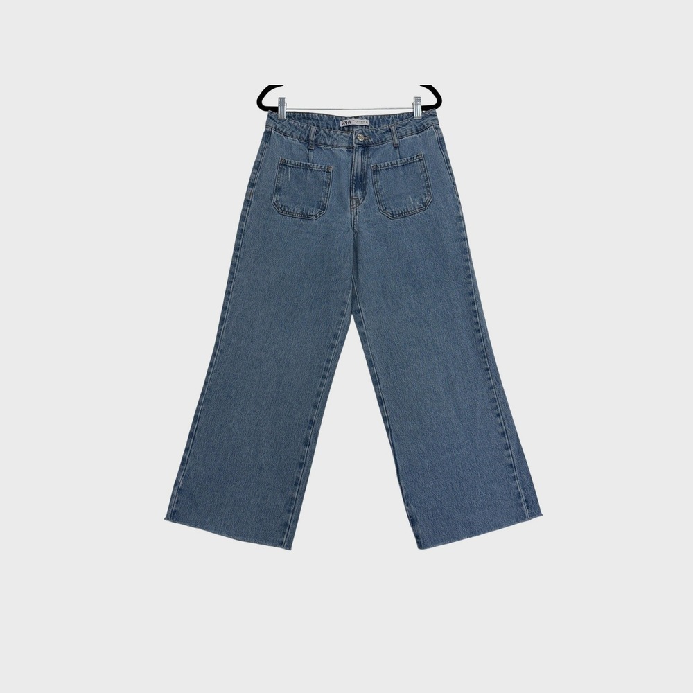 Zara Wide Leg Jeans Womens 6 Blue High Rise Patch Pocket Raw Hem Denim
